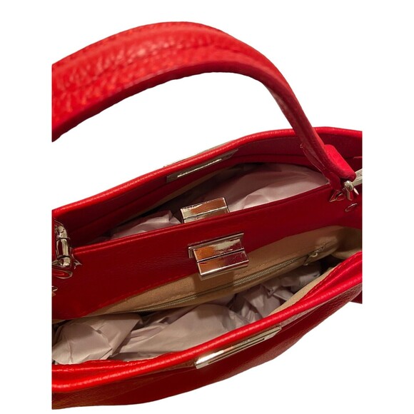 Borse in Pelle Handbag Shoulder Bag Satchel Red Pebbled Genuine Leather Italy - Picture 11 of 12